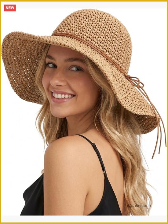 Accessories - Floppy Wide Brim Paper Straw Sun Hat, Foldable Packable Roll Up Beach Hat
